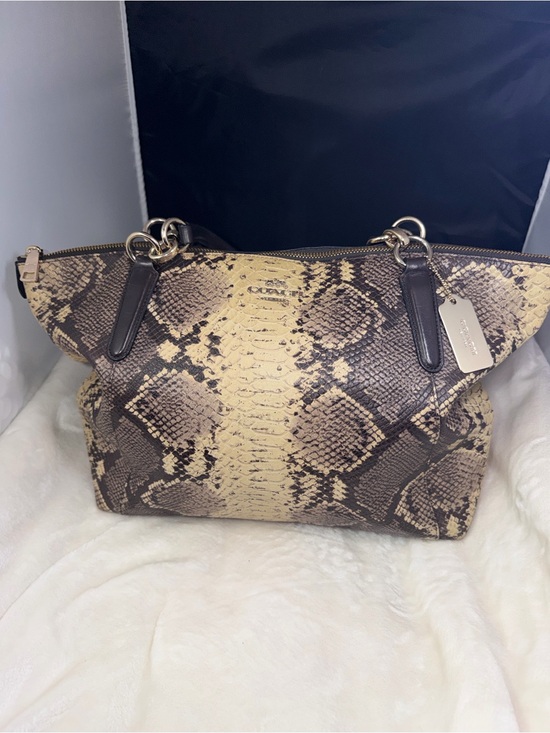 Coach Handbags - Coach Snake Print Satchel Handbag Brown Tan Leather Trim Gold Hardware